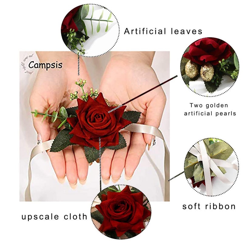 Campsis Red Rose Wrist Corsage, Gold-Accented Artificial Flowers with Satin Ribbon, Wedding and Prom Formal Wear - Image 5